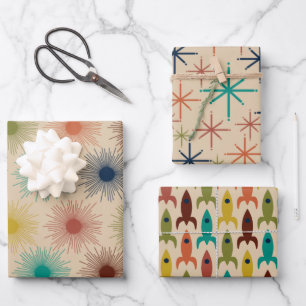 Retro Atomic Age Midcentury Mod Suns Stars Rockets Wrapping Paper Sheet