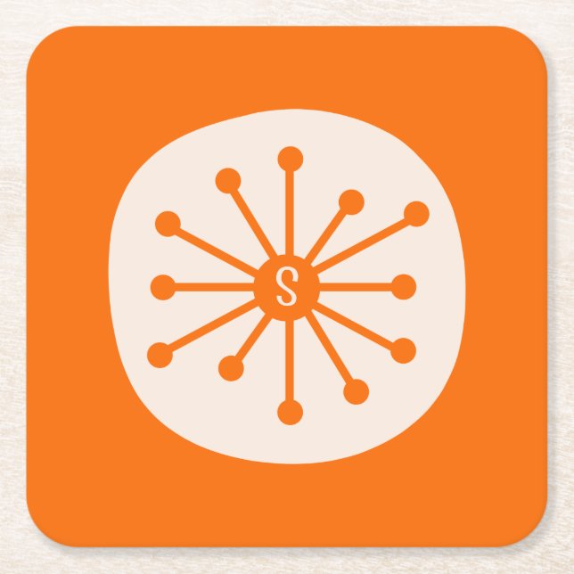 Retro Atomic Age Midcentury Orange Atom w/ Initial Square Paper Coaster (Front)