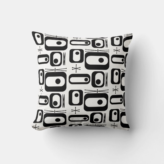 Retro Atomic Age Shapes Black White Cushion (Front)