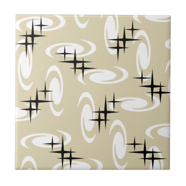 Retro Atomic Age Swirls Stars Pattern Beige Tile (Front)