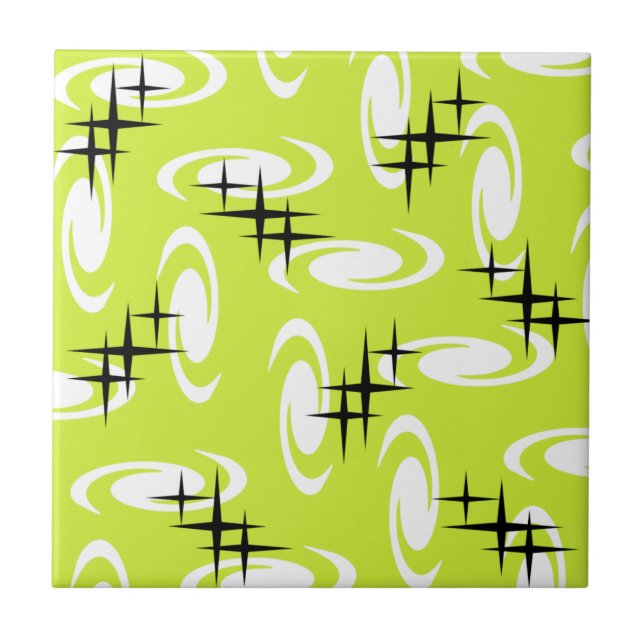 Retro Atomic Age Swirls Stars Pattern Chartreuse Tile (Front)