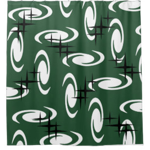 Retro Atomic Age Swirls Stars Pattern Forest Green Shower Curtain