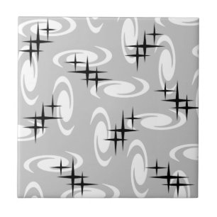Retro Atomic Age Swirls Stars Pattern Light Grey Tile