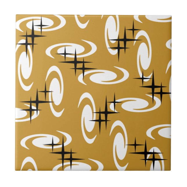 Retro Atomic Age Swirls Stars Pattern Ochre Tile (Front)