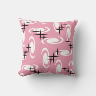 Retro Atomic Age Swirls Stars Pattern Pink Cushion