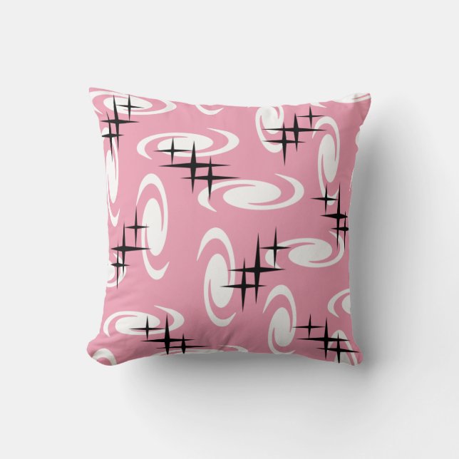 Retro Atomic Age Swirls Stars Pattern Pink Cushion (Front)