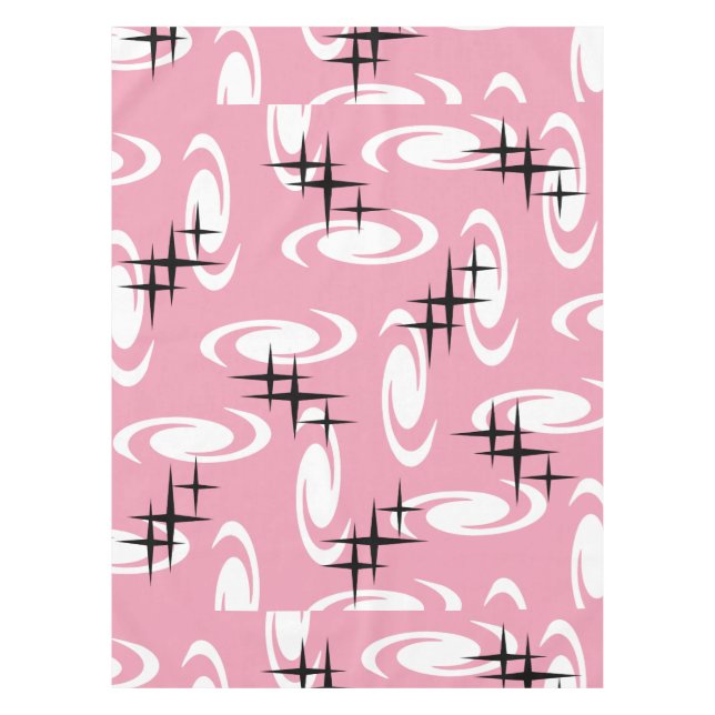 Retro Atomic Age Swirls Stars Pattern Pink Tablecloth (Front)