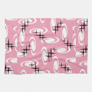 Retro Atomic Age Swirls Stars Pattern Pink Tea Towel