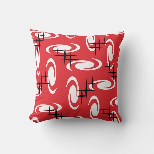 Retro Atomic Age Swirls Stars Pattern Red Cushion (Front)