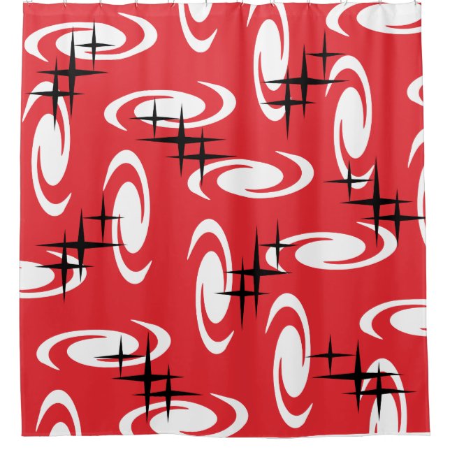 Retro Atomic Age Swirls Stars Pattern Red Shower Curtain (Front)