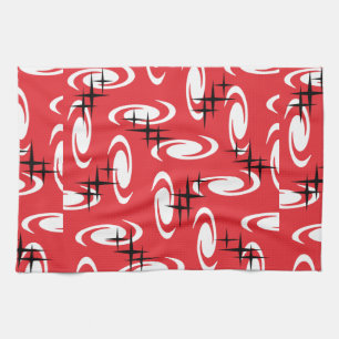 Retro Atomic Age Swirls Stars Pattern Red Tea Towel