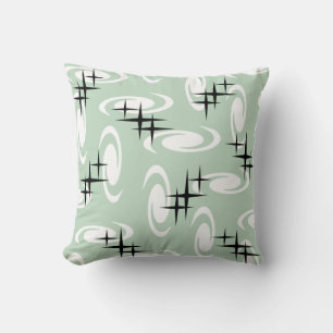 Retro Atomic Age Swirls Stars Pattern Sage Green Cushion