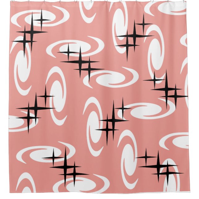 Retro Atomic Age Swirls Stars Pattern Salmon Pink Shower Curtain (Front)