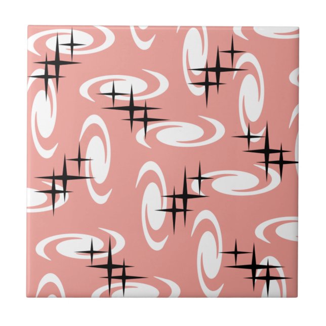 Retro Atomic Age Swirls Stars Pattern Salmon Pink Tile (Front)