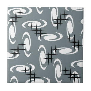 Retro Atomic Age Swirls Stars Pattern Slate Grey Tile