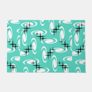 Retro Atomic Age Swirls Stars Pattern Turquoise Doormat
