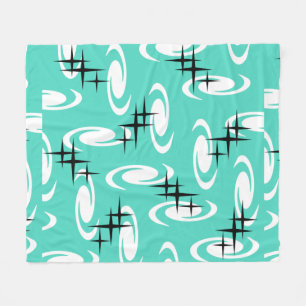 Retro Atomic Age Swirls Stars Pattern Turquoise Fleece Blanket