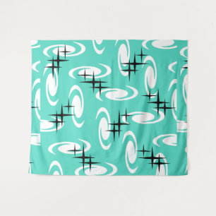 Retro Atomic Age Swirls Stars Pattern Turquoise Tapestry