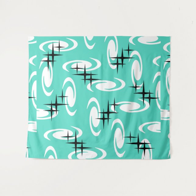 Retro Atomic Age Swirls Stars Pattern Turquoise Tapestry (Front (Horizontal))