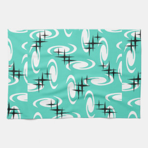 Retro Atomic Age Swirls Stars Pattern Turquoise Tea Towel