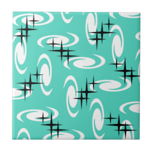Retro Atomic Age Swirls Stars Pattern Turquoise Tile