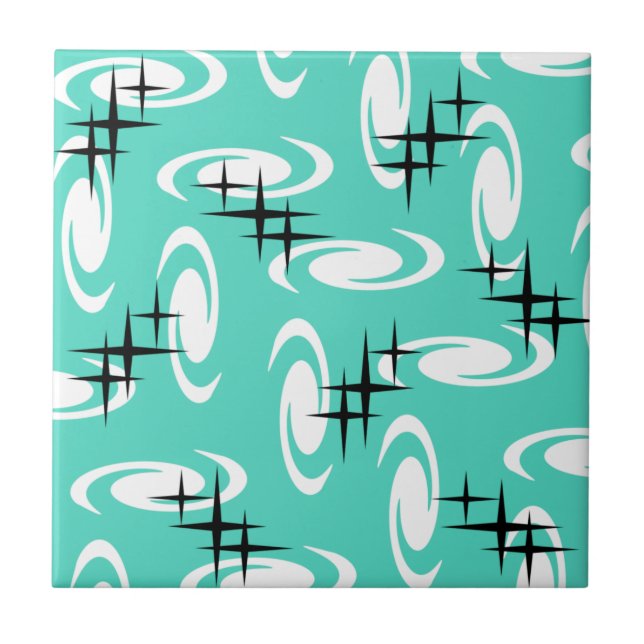 Retro Atomic Age Swirls Stars Pattern Turquoise Tile (Front)