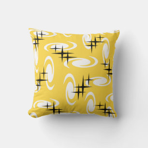 Retro Atomic Age Swirls Stars Pattern Yellow Cushion