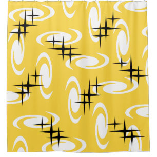 Retro Atomic Age Swirls Stars Pattern Yellow Shower Curtain