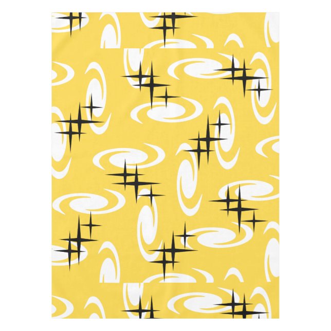 Retro Atomic Age Swirls Stars Pattern Yellow Tablecloth (Front)