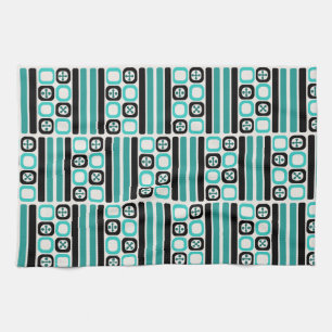 Retro Atomic Art Squares Lines Turquoise Tea Towel