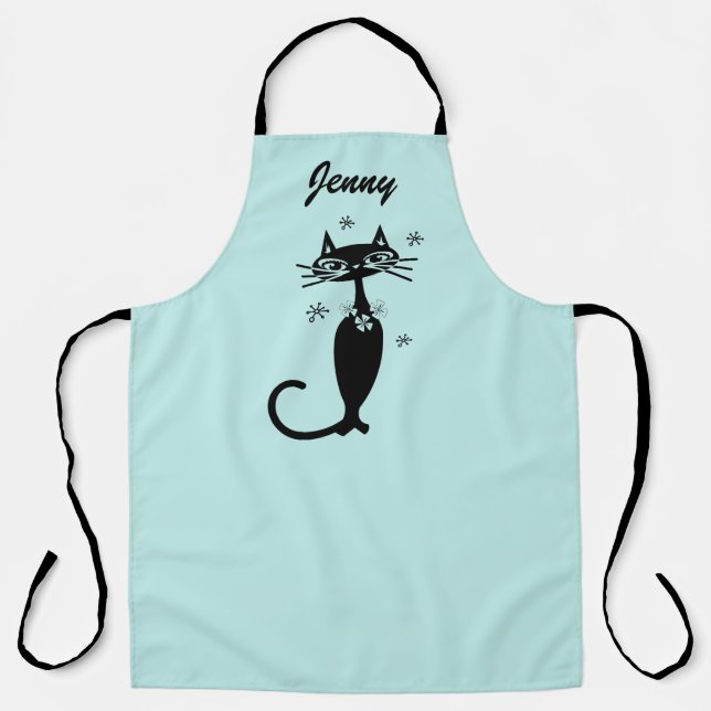 Retro Atomic Black Cat Aqua Kitchen Apron (Front)