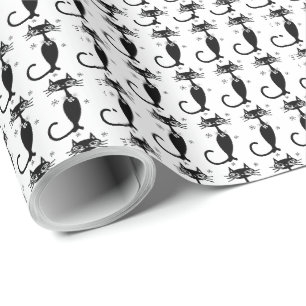 RETRO ATOMIC BLACK CAT BIRTHDAY WRAPPING PAPER