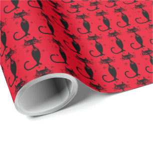 RETRO ATOMIC BLACK CAT CHRISTMAS WRAPPING PAPER