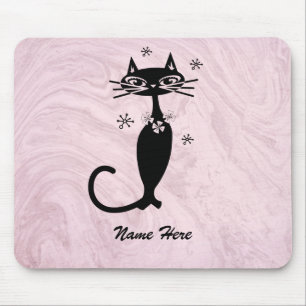 Retro Atomic Black Cat Personalised Pink Mouse Pad