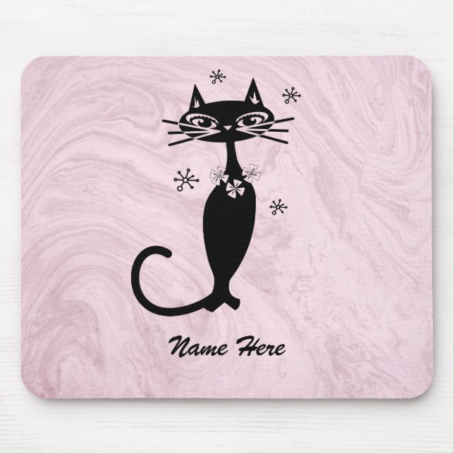 Retro Atomic Black Cat Personalised Pink Mouse Pad (Front)