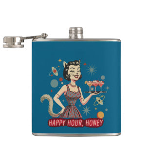 Retro Atomic Cat Pin-Up "Happy Hour, Honey" Mid- Hip Flask