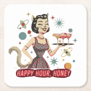 Retro Atomic Cat Pin-Up   "Happy Hour, Honey" Mid- Square Paper Coaster