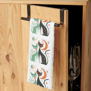 Retro Atomic Cats Black Turquoise Tea Towel