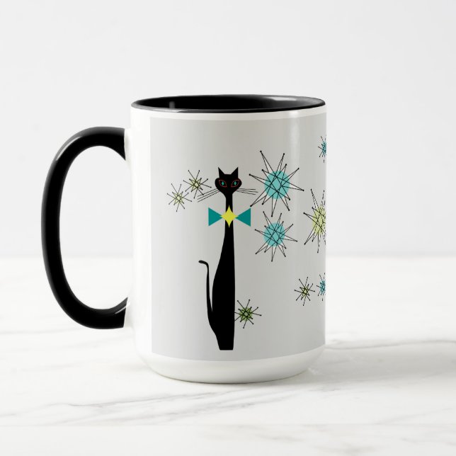 Retro Atomic Era Cool Cat & Stars Grey Mid Century Mug (Left)