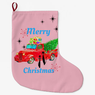 Retro Atomic Era Cool Cats & Red Pickup Truck Pink Large Christmas Stocking