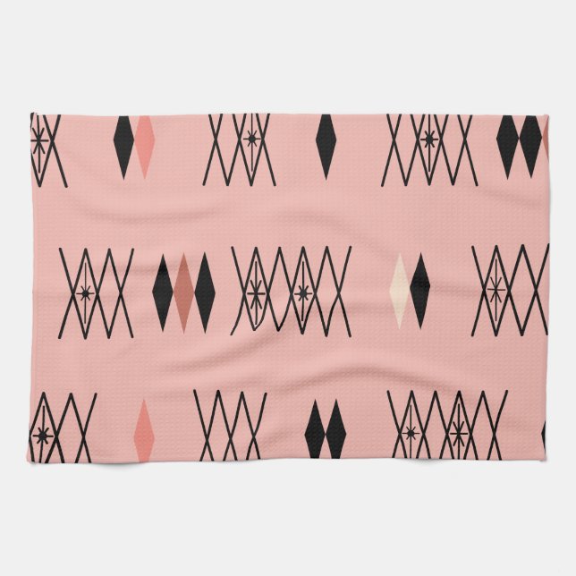 Retro Atomic Era Diamonds Pattern Pink Tea Towel (Horizontal)