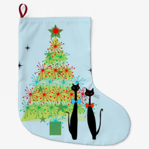 Retro Atomic Era Mid Century Modern Christmas Cats Large Christmas Stocking