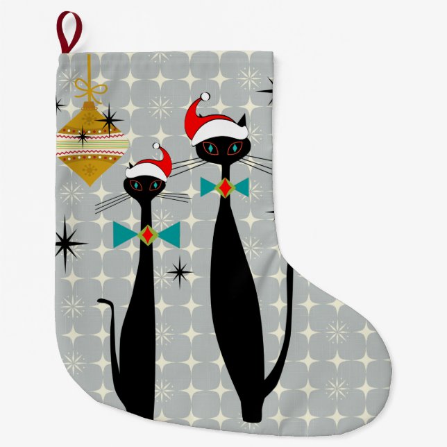 Retro Atomic Era Mid Century Modern Christmas Cats Large Christmas Stocking (Front)