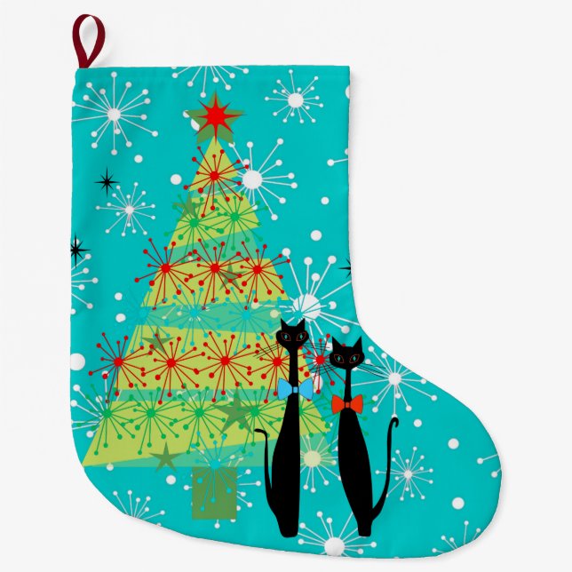 Retro Atomic Era Mid Century Modern Christmas Cats Large Christmas Stocking (Front)