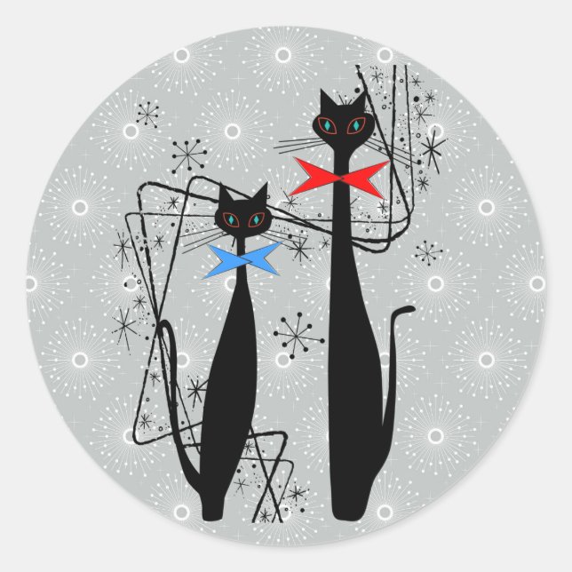 Retro Atomic Era Mid Century Modern Cool Cat Pair Classic Round Sticker (Front)
