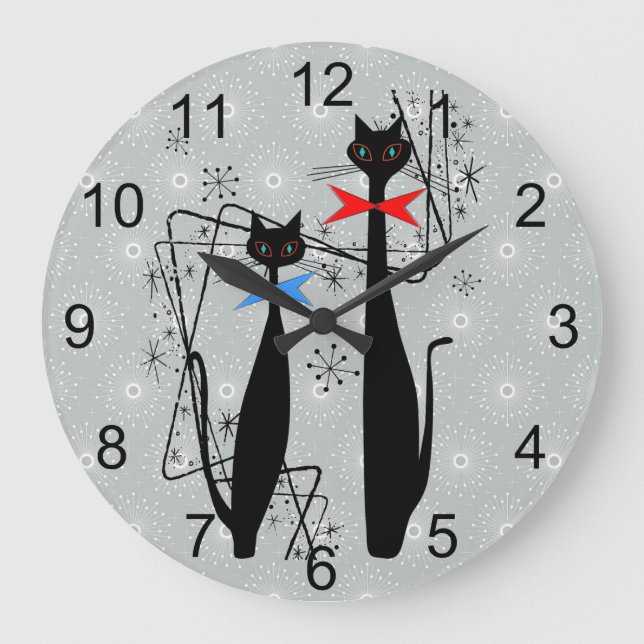 Retro Atomic Era Mid Century Modern Cool Cats Large Clock (Front)