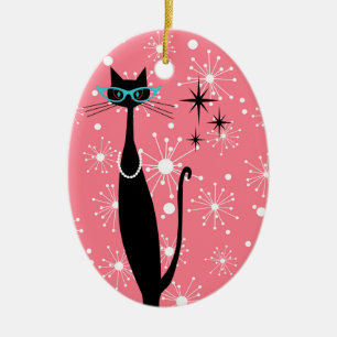 Retro Atomic Era Mid Century Modern MCM Black Cat Ceramic Tree Decoration