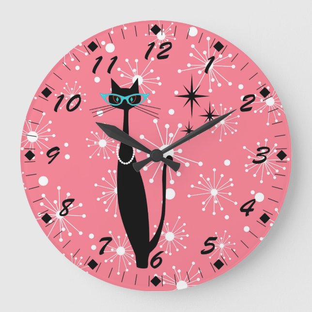 Retro Atomic Era Mid Century Modern MCM Black Cat Large Clock (Front)