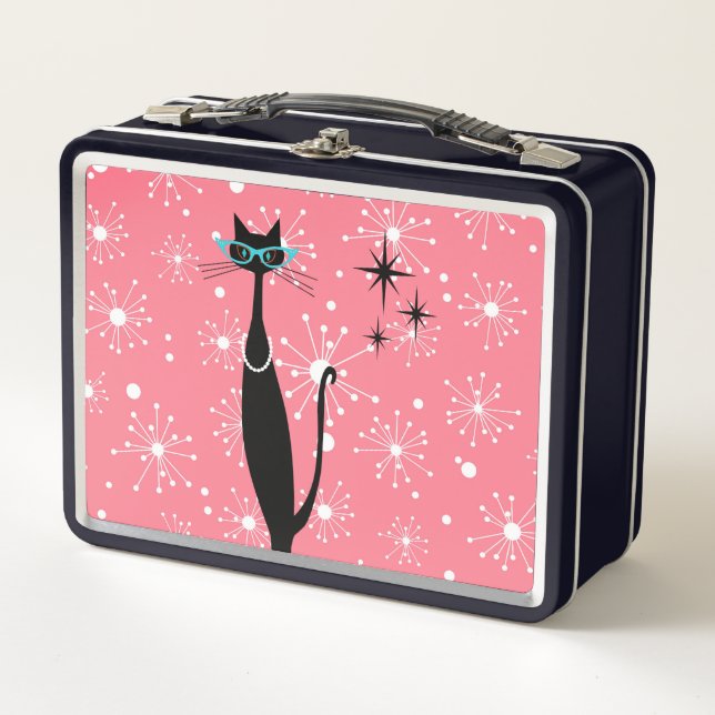 Retro Atomic Era Mid Century Modern MCM Black Cat Metal Lunch Box (Front)