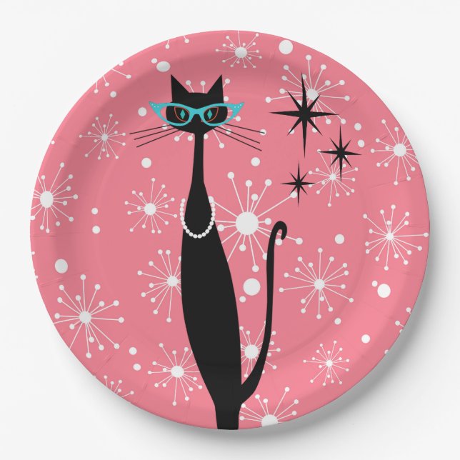 Retro Atomic Era Mid Century Modern MCM Black Cat Paper Plate (Front)